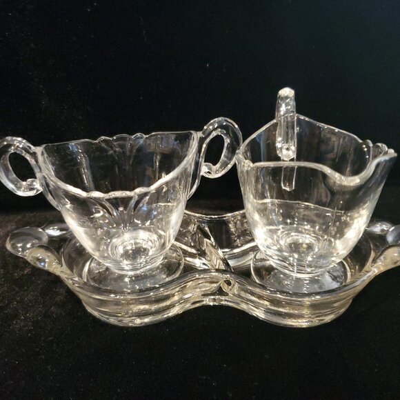 L@@K Vintage Clear Glass Creamer and Sugar Bowl Tray Set - Picture 1 of 6